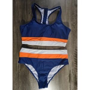 Womens L Sporty Colorblock Bikini Set Navy Blue Orange White High Waist Swimsuit